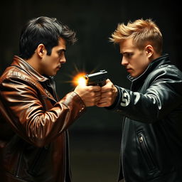 Two individuals in leather jackets facing each other and engaged in a dramatic shootout