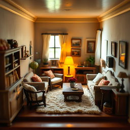 A charming and cozy miniature room, showcasing intricate details and warm lighting