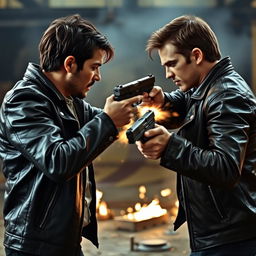 Two individuals in leather jackets facing each other and engaged in a dramatic shootout