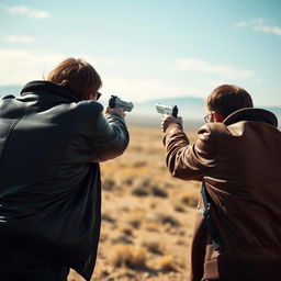 From a distant view, two individuals in leather jackets are engaged in a shootout