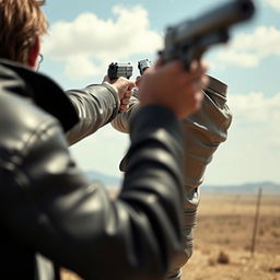 From a distant view, two individuals in leather jackets are engaged in a shootout