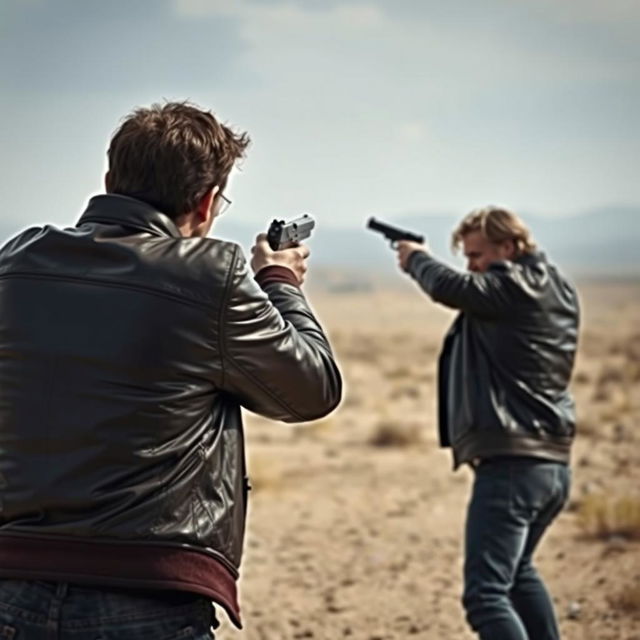 From a distant view, two individuals in leather jackets are engaged in a shootout