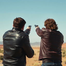 From a distant view, two individuals in leather jackets are engaged in a shootout