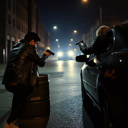 On a dimly lit street, two individuals in leather jackets are engaged in a shootout