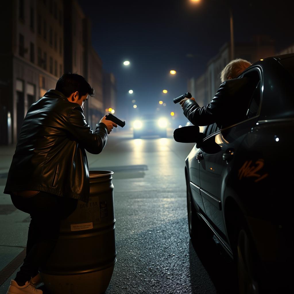 On a dimly lit street, two individuals in leather jackets are engaged in a shootout