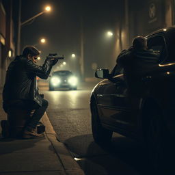 On a dimly lit street, two individuals in leather jackets are engaged in a shootout