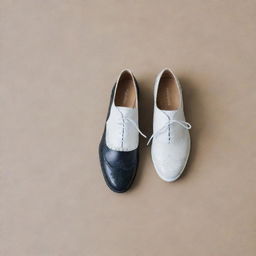 Mismatched shoes in contrasting styles and colors, one formal and the other casual, embodying the concept of divergence