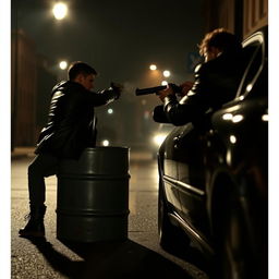 On a dimly lit street, two individuals in leather jackets are engaged in a shootout