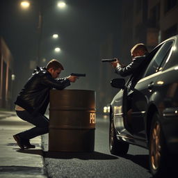 On a dimly lit street, two individuals in leather jackets are engaged in a shootout