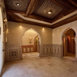 Design a cost-efficient, 1600 square foot Arabian Mandi, with nearly 30% of the space allocated to the kitchen area, incorporating traditional Middle Eastern architectural influences.