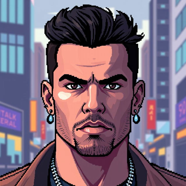 A pixel art representation of a bold man with two earrings