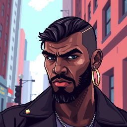 A pixel art representation of a bold man with two earrings