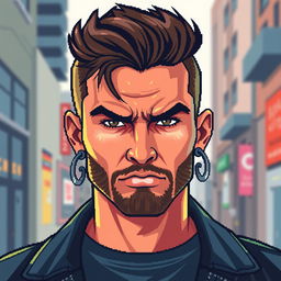 A pixel art representation of a bold man with two earrings