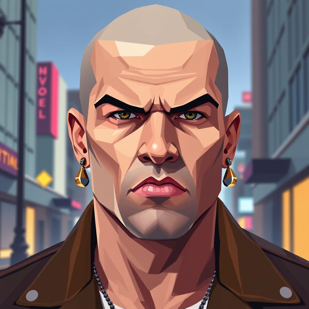 A low poly pixel art style image of a bold man without hair, showcasing two earrings