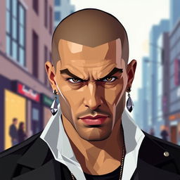 A low poly pixel art style image of a bold man without hair, showcasing two earrings