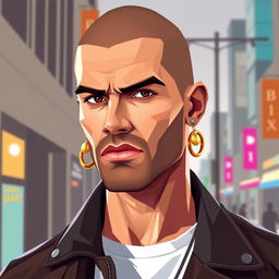 A low poly pixel art style image of a bold man without hair, showcasing two earrings