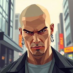 A low poly pixel art style image of a bold man without hair, showcasing two earrings