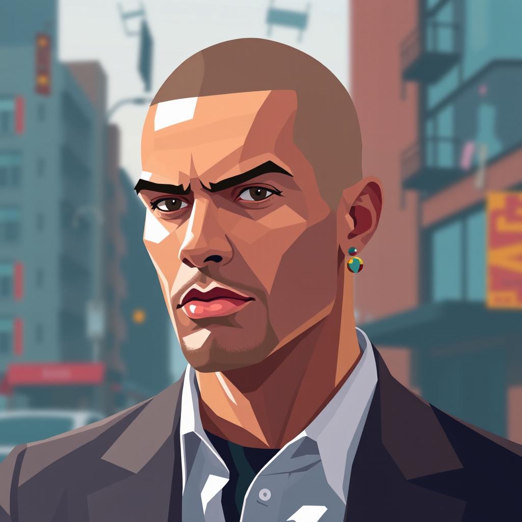 A minimalist, low poly pixel art design depicting a bold man without hair, elegantly adorned with two earrings