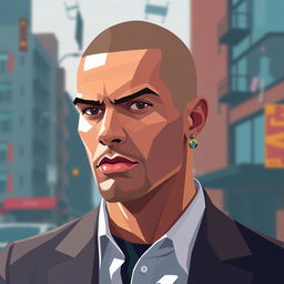 A minimalist, low poly pixel art design depicting a bold man without hair, elegantly adorned with two earrings