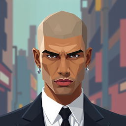 A minimalist, low poly pixel art design depicting a bold man without hair, elegantly adorned with two earrings