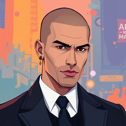 A minimalist, low poly pixel art design depicting a bold man without hair, elegantly adorned with two earrings