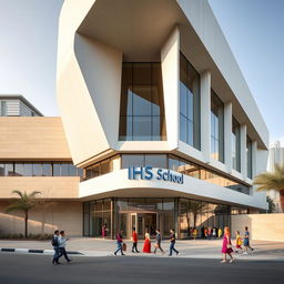 An architectural photograph capturing the IHS School in Dubai