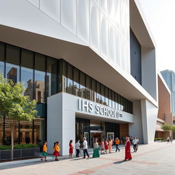 An architectural photograph capturing the IHS School in Dubai