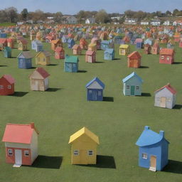 Generate a scene of twelve distinctive houses, each one representing a different leader. In front of each house, a group of people gathers, demonstrating the support of each leader.