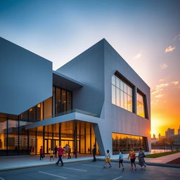 An architectural photograph capturing the IHS School in Dubai during a breathtaking sunset