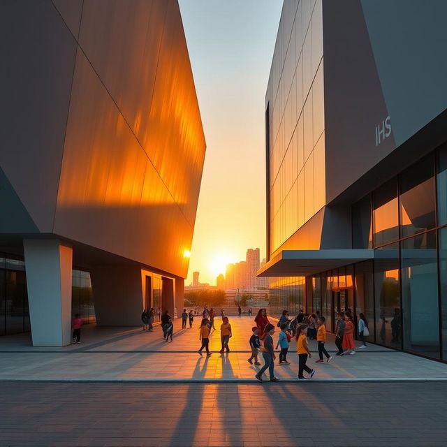 An architectural photograph capturing the IHS School in Dubai during a breathtaking sunset