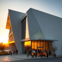 An architectural photograph capturing the IHS School in Dubai during a breathtaking sunset