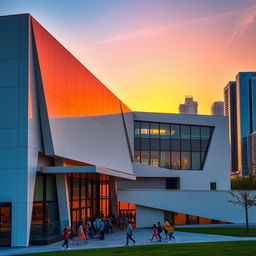 An architectural photograph capturing the IHS School in Dubai during a breathtaking sunset