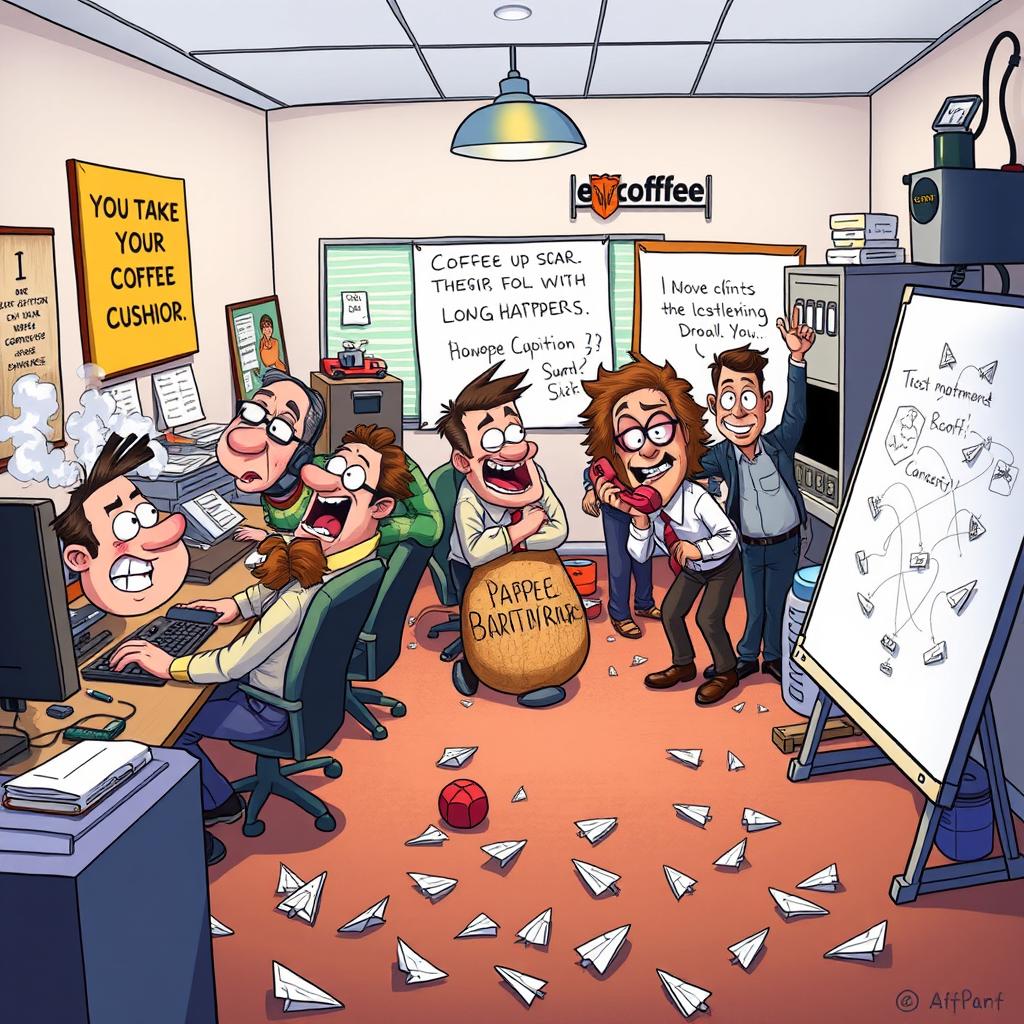 A cartoon depiction of a humorous and bustling office environment