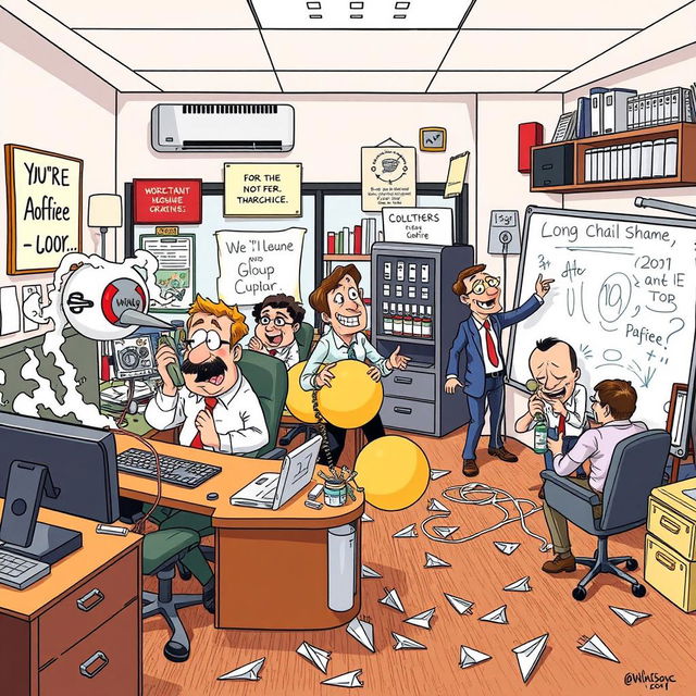 A cartoon depiction of a humorous and bustling office environment