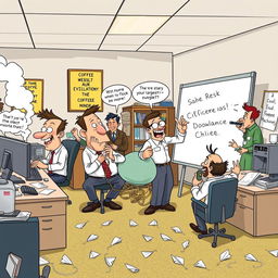 A cartoon depiction of a humorous and bustling office environment