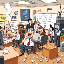 A cartoon depiction of a humorous and bustling office environment