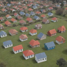 Generate a scene of twelve distinctive houses, each one representing a different leader. In front of each house, a group of people gathers, demonstrating the support of each leader.