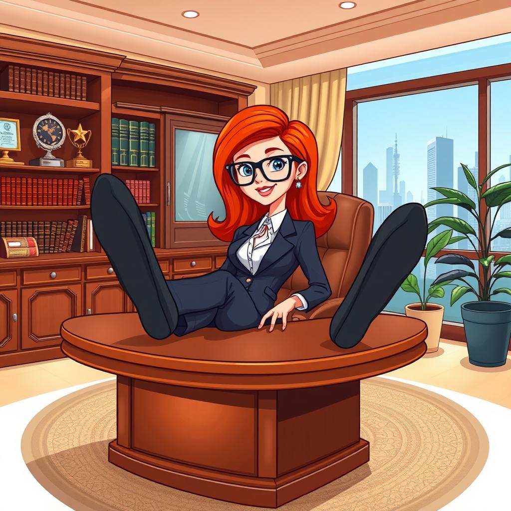 A cartoon depiction of an executive office with a red-headed female executive sitting confidently behind a large, polished wooden desk