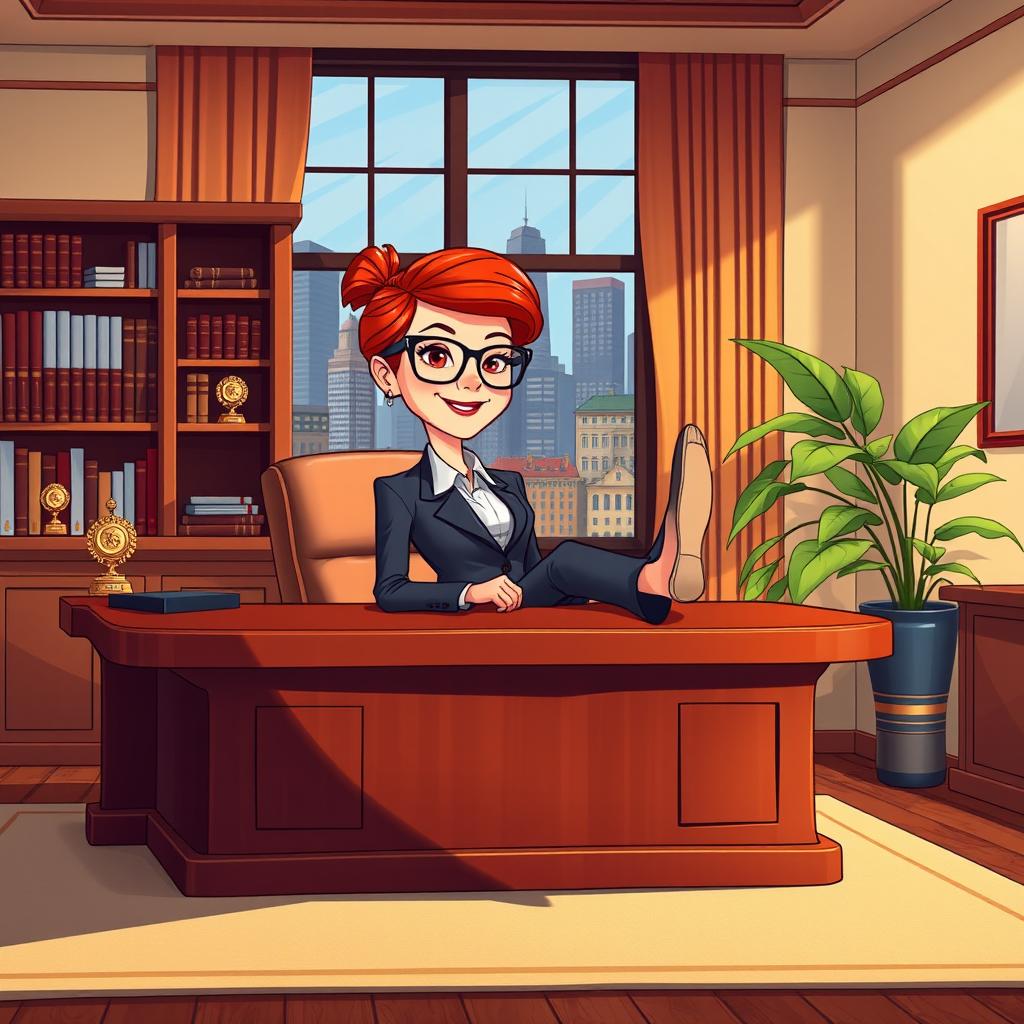 A cartoon depiction of an executive office with a red-headed female executive sitting confidently behind a large, polished wooden desk