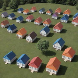 Generate a scene of twelve distinctive houses, each one representing a different leader. In front of each house, a group of people gathers, demonstrating the support of each leader.