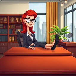 A cartoon depiction of an executive office with a red-headed female executive sitting confidently behind a large, polished wooden desk