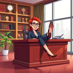 A cartoon depiction of an executive office with a red-headed female executive sitting confidently behind a large, polished wooden desk