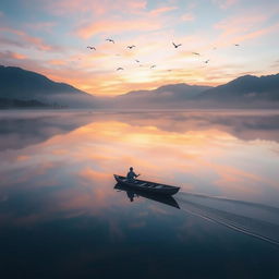 A serene landscape at sunrise with a calm lake reflecting the colorful sky