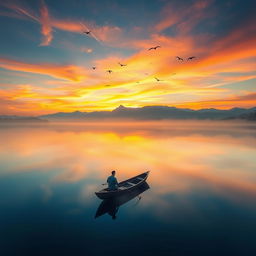 A serene landscape at sunrise with a calm lake reflecting the colorful sky