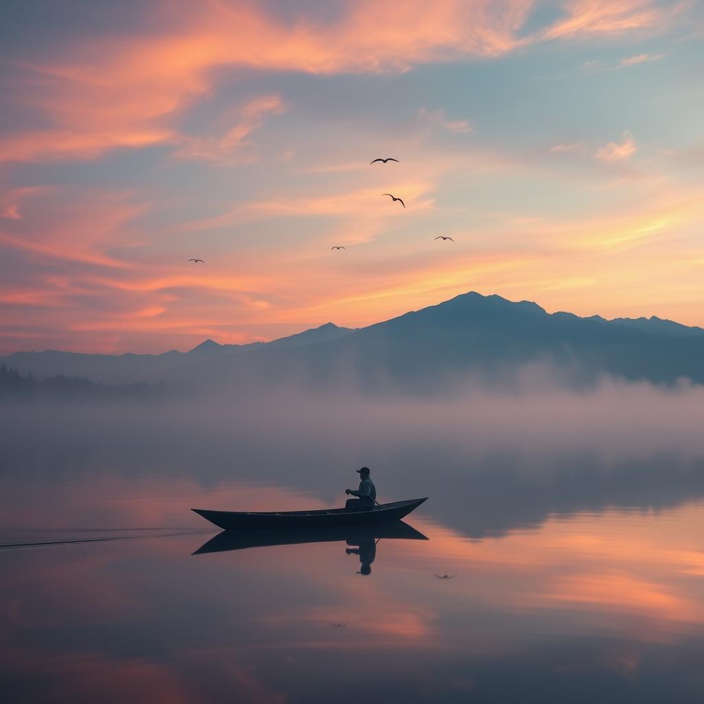 A serene landscape at sunrise with a calm lake reflecting the colorful sky