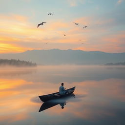 A serene landscape at sunrise with a calm lake reflecting the colorful sky