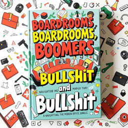 A captivating book cover design for the title "Boardrooms, Boomers and Bullshit" about navigating the modern office jungle