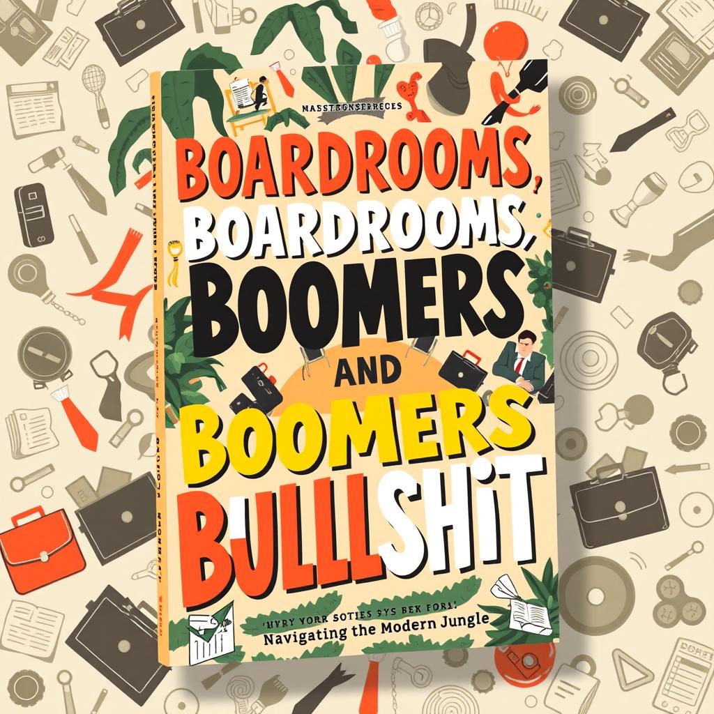 A captivating book cover design for the title "Boardrooms, Boomers and Bullshit" about navigating the modern office jungle