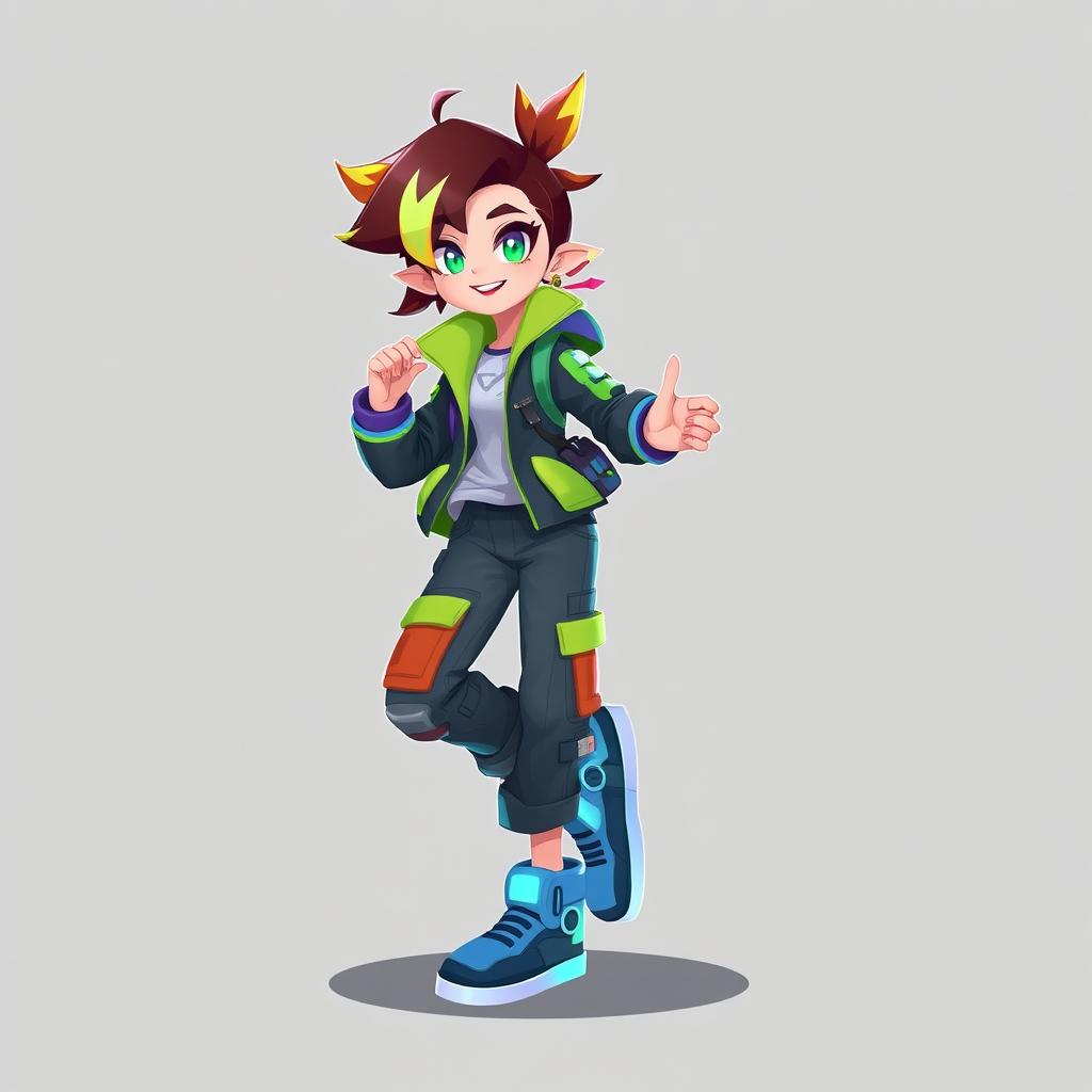 A stylized 2D platform game character, featuring a girl with vibrant, colorful attire