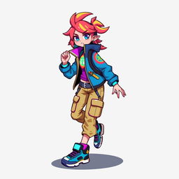 A stylized 2D platform game character, featuring a girl with vibrant, colorful attire